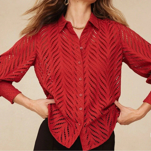 Chico’s Poplin Cutwork Shirt Button Front Longsleeve Lace in Rust Orange Size 6 - Picture 1 of 15